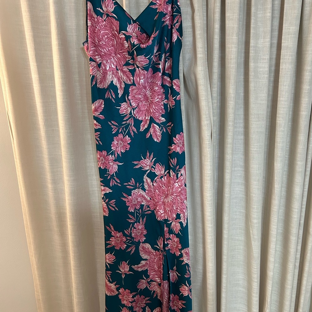 Floral V-Neck Maxi Dress in Teal with Pink Blooms
